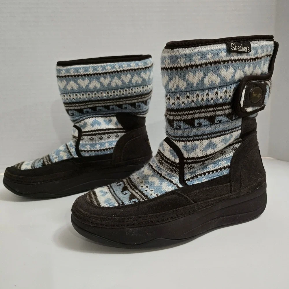 Skechers Tone-ups Cozy Knit Winter Boots Womens Size 7 Blue‎ Fair Isle Heritage